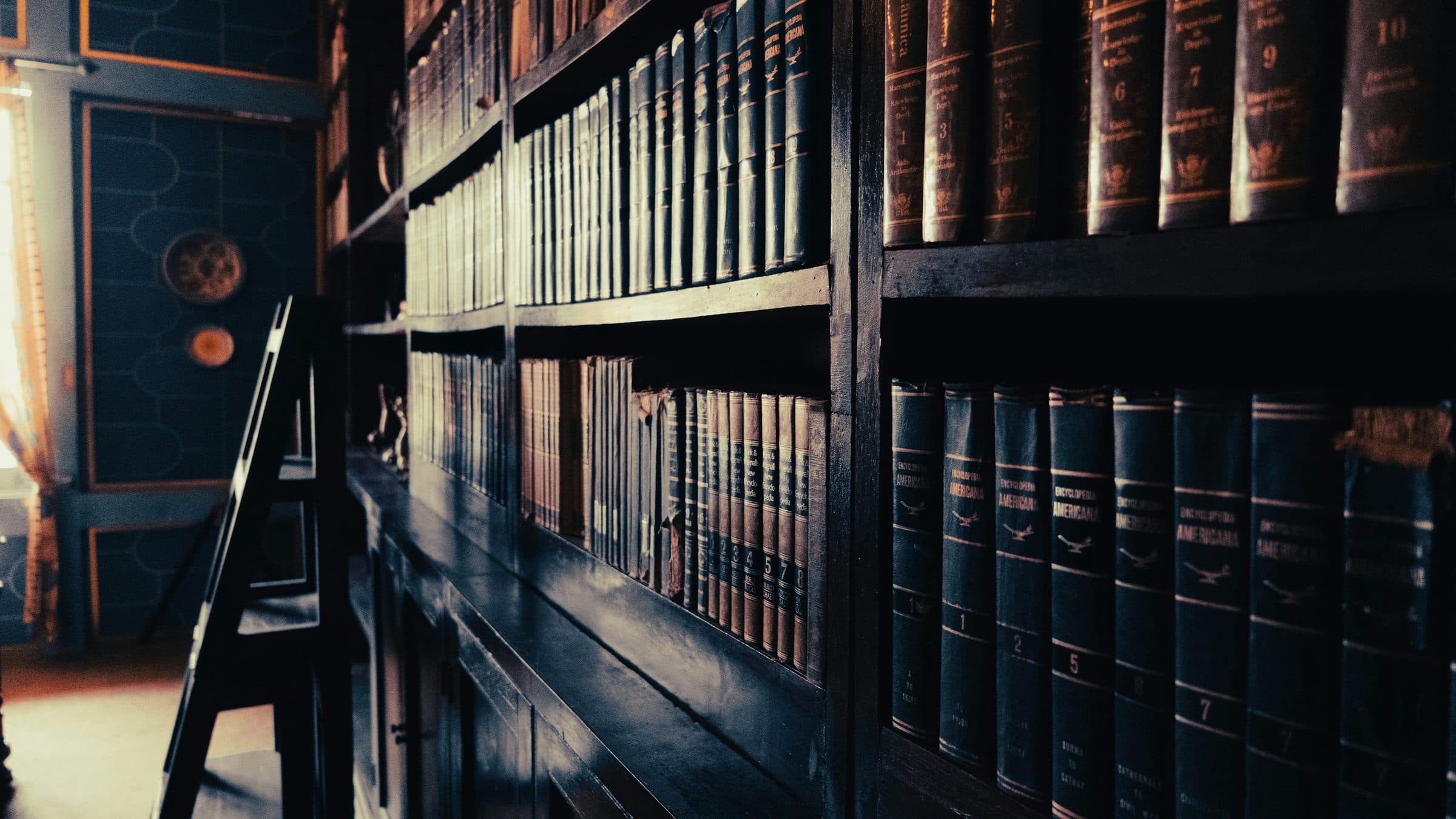 Shelves of books seen end-on